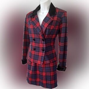 Y2K Fashion Bug Plaid Skirt Suit Coord Set with Velvet Trim. Clueless Vibes